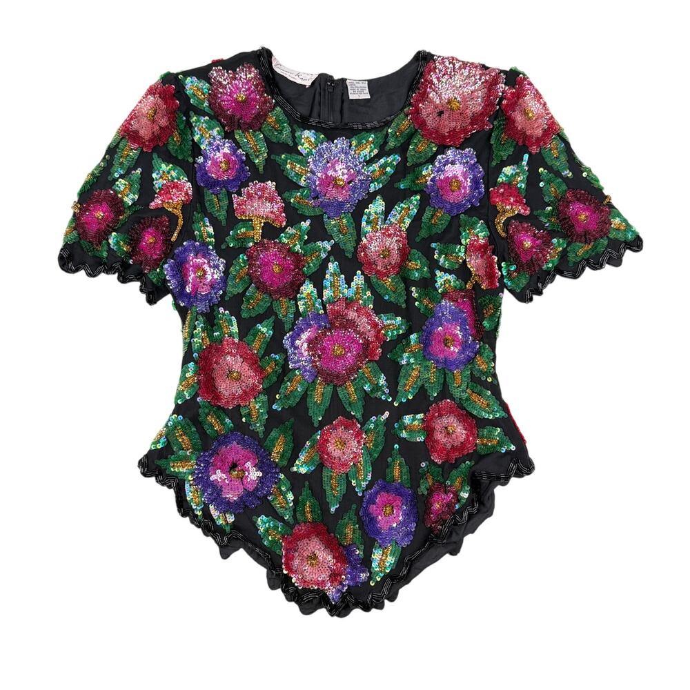 Laurence Kazar Silk Sequin Floral Top 90s Vintage Glam Beaded Black Size Large